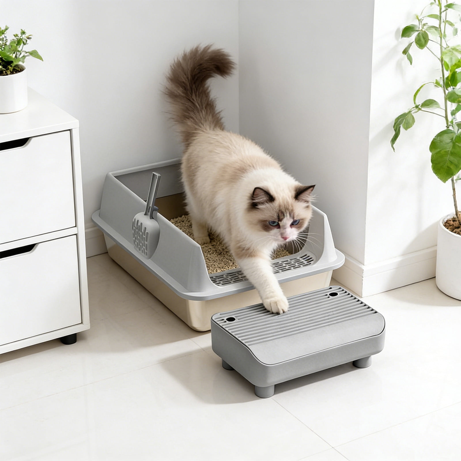 Stainless Steel High Sided Cat Litter Box With Step Platform And Scoop, Odor Control Large Capacity Easy Clean Pet Toilet For Small Cats Durable Anti Leak Design