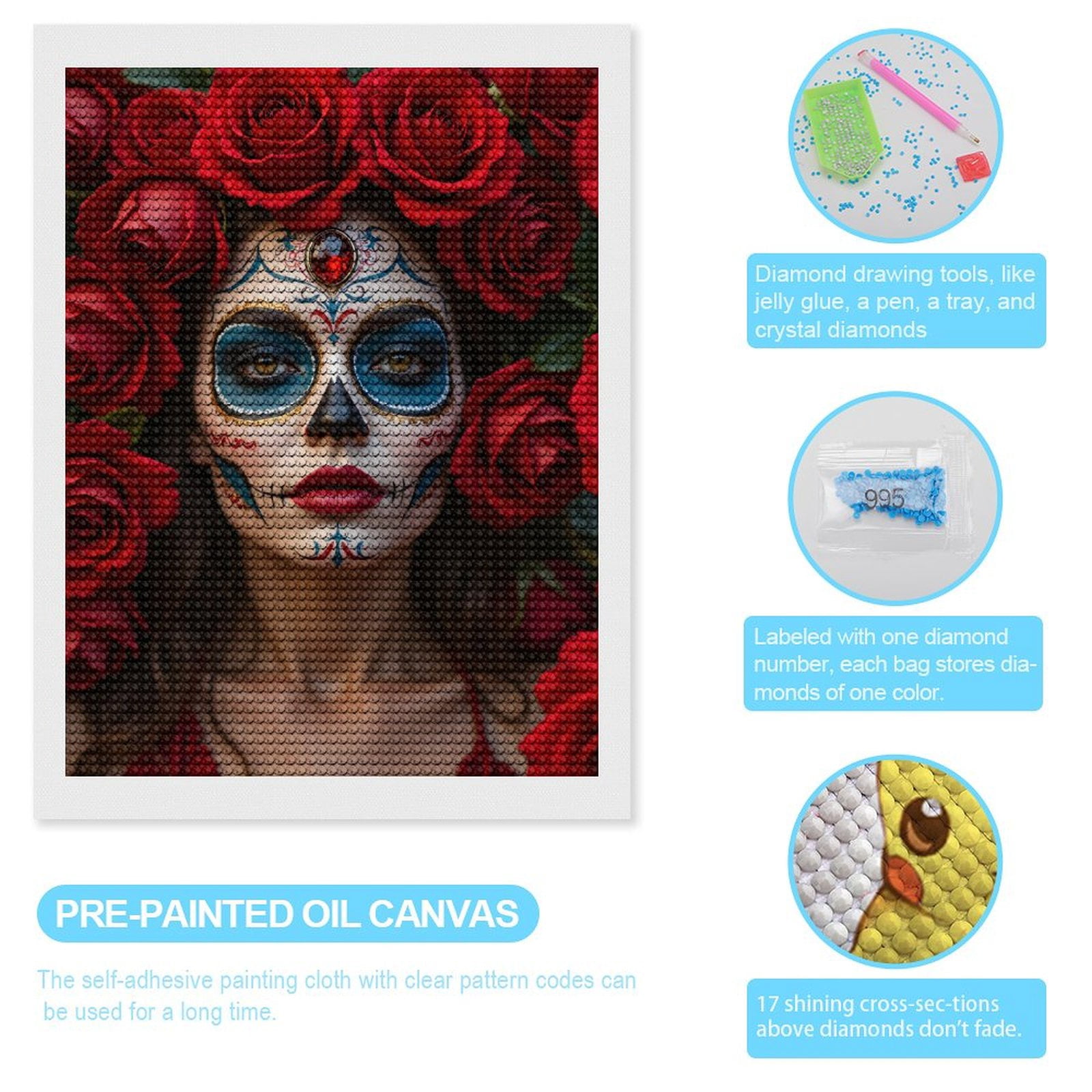 Diamond Art Kits for Adults, Red Rose Face Art Beauty 5D Diamond Painting Kits for Adults Beginners, DIY Full Drill Diamond Painting, Gem Art and Crafts 12x16