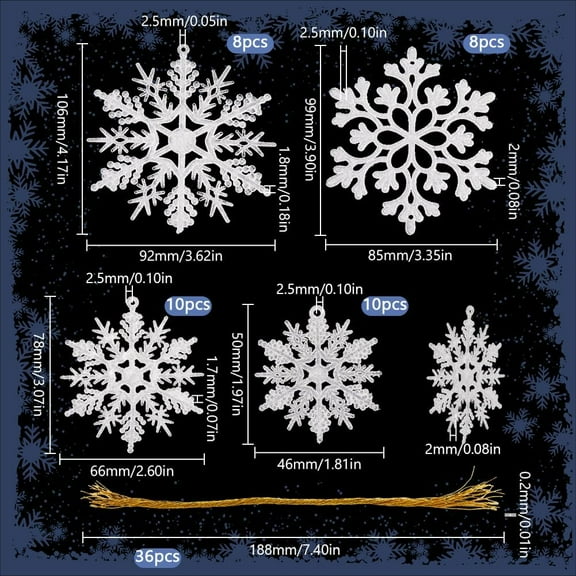 1set 1 box 36pcs Christmas Snow Flakes Decorating Hanging Plastic Snowflakes White Snowflake Xmas Glitter Snow Flakes Party Decorations Ornaments for Winter Wonderland Holiday Parties Home Decor
