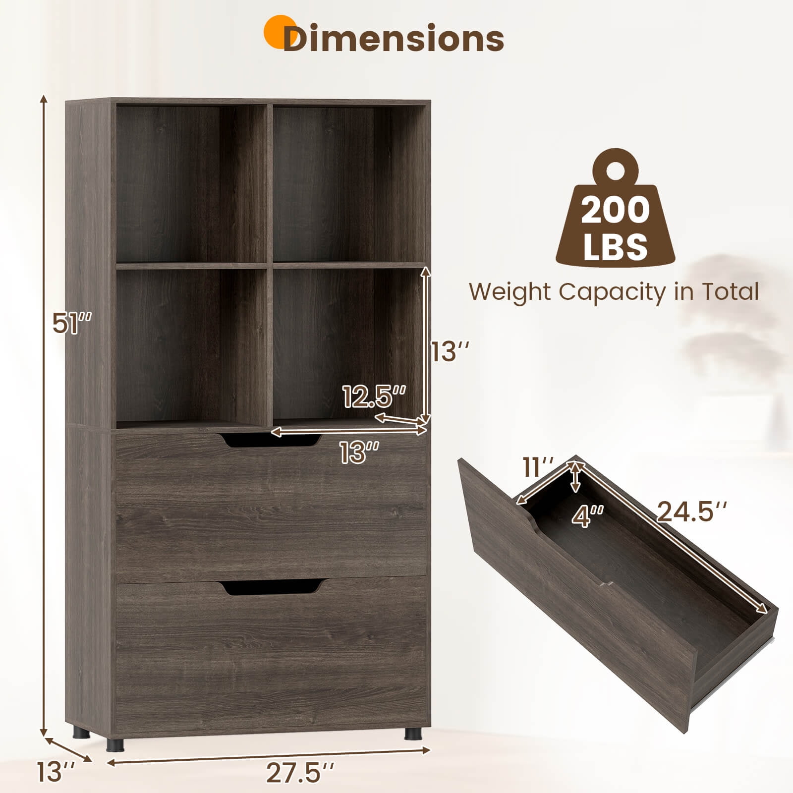Costway 2 PCS 4-Cube Bookcase with 2 Drawers, Tall Freestanding Bookshelf for Living Room Gray
