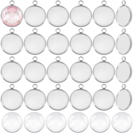 30 Sets 20mm Round Pendants Blanks with Cabochons Stainless Steel Pendant Cabochon Settings Pendant Making Kits for DIY Jewelry Making Stainless Steel Color Silver