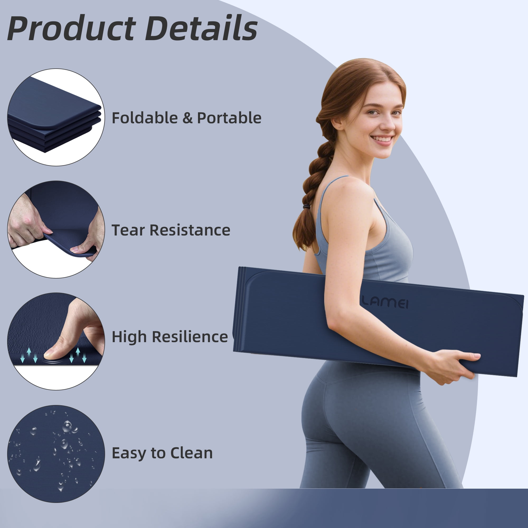 Lamei Foldable Yoga Mat, 31" Extra Wide Non-Slip Exercise Mats for Home Workout, 75" Long, 8mm Thick,Lightweight Travel, Quick Unfold/Fold, Flat Lay No Curl(Blue)