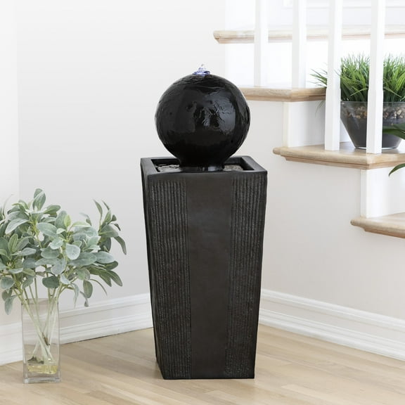 Alpine Corporation GIL786 Outdoor Floor Modern Sphere and Pedestal Soothing Waterfall Fountain for Garden 33", Black
