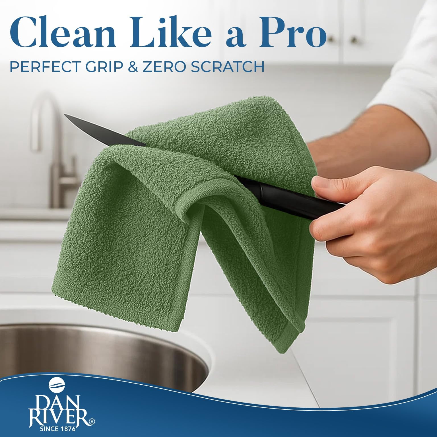 Dan River Cotton Absorbent Reusable Cleaning Bar Mop Kitchen Towels, Pack of 12, Green, 16x19 In