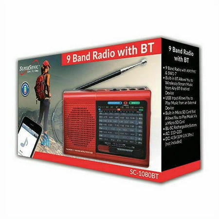 Supersonic SC-1080BT 9-Band Portable AM/FM Radio with Bluetooth/USB/MicroSD-In Red