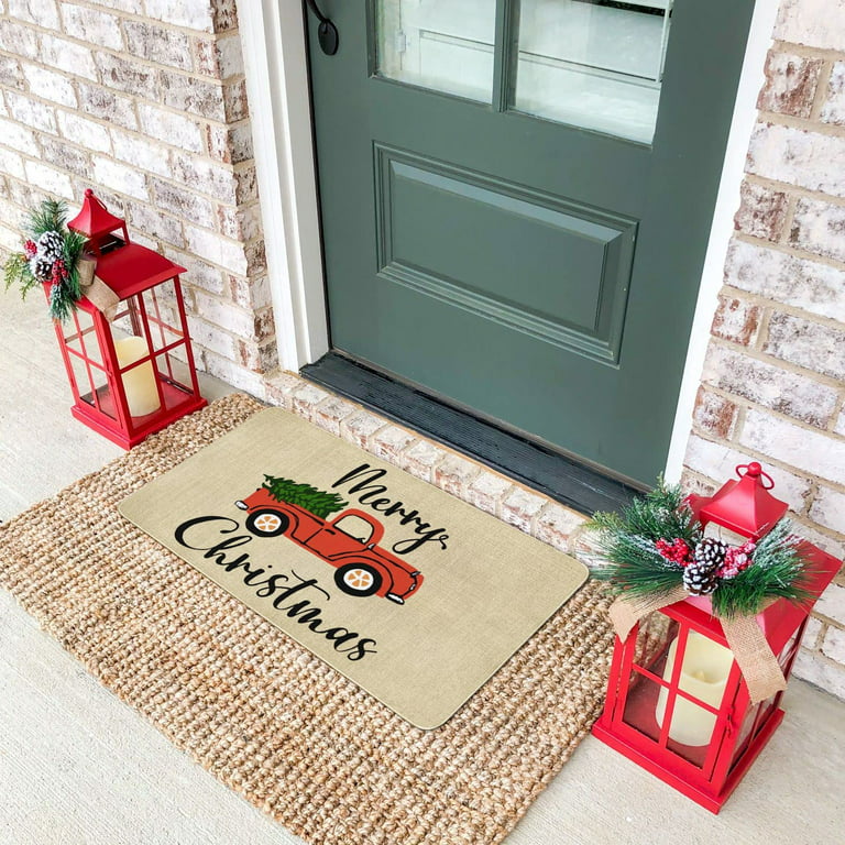 Christmas Door Mat Outdoor for Front Door Decorations , Red Farm Truck  Merry Christmas Tree Doormat,Winter Christmas Holiday Welcome Floor Mat Rug