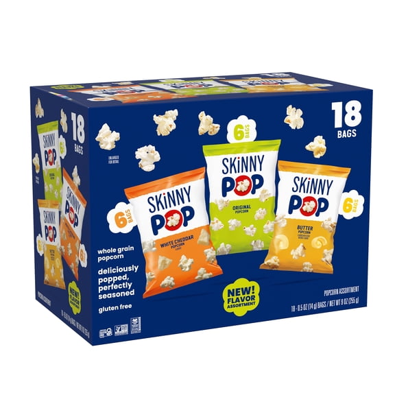 SKINNYPOP Original, White Cheddar, and Butter Popcorn Snack Variety Pack, 0.5 oz Bag, 18 Count
