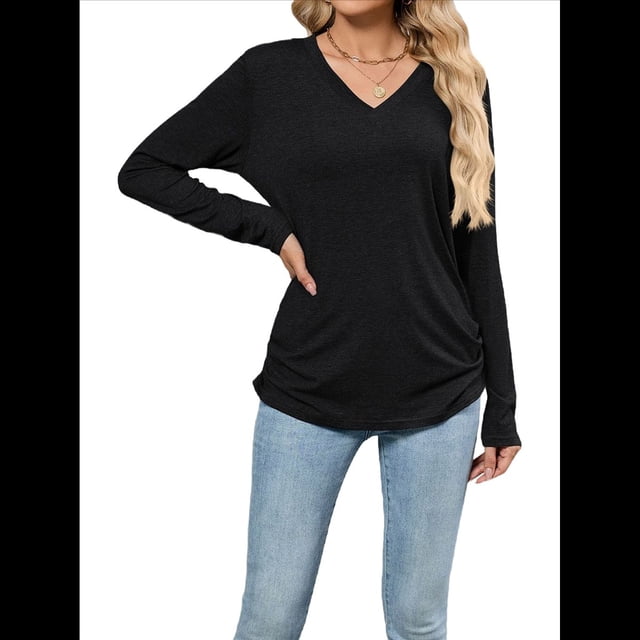 Camisetas de Mujer con Cuello en V, Larga, Informales, Básicas, Lisas y Suaves Negro XL