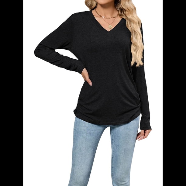 Camisetas de Mujer con Cuello en V, Larga, Informales, Básicas, Lisas y Suaves Negro XL