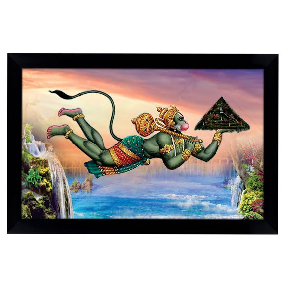IBA Indianbeautifulart Cadre Photo Dieu Hindou Lord Hanuman Levant Drongairi Montagne Religieux Cadre Mural Noir Affiche Sainte Prête à Accrocher Cadre en Bois