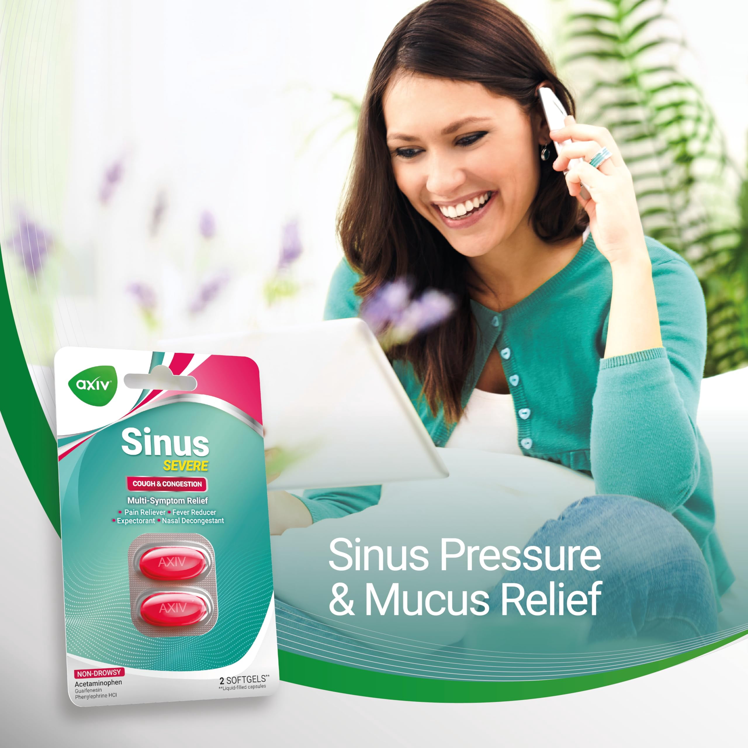 AXIV Sinus Severe + Mucus Relief, Non-Drowsy, Loosens Mucus, Maximum Strength Relief of Pain, Pressure, Congestion, & Headache Ease, 25 Blister Packs (2 Softgels Each, 50 Total)