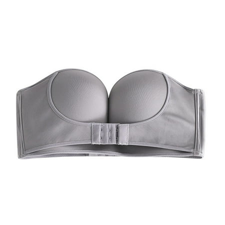

Ladies Women Strapless Front Buckle Bra Strapless Front Buckle Gathers Invisible Non-Wired Bra Gray 38/85ab
