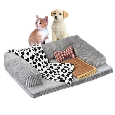 Petacc Dog Bed Plush Sofa-Style Couch Pet Bed for Dogs & Cats Detachable Dog Sofa Dog Lounge with Trilateral Bolster and Anti-Slip Bottom, Equipped with Blanket, Cloth Toy and Summer Sleeping