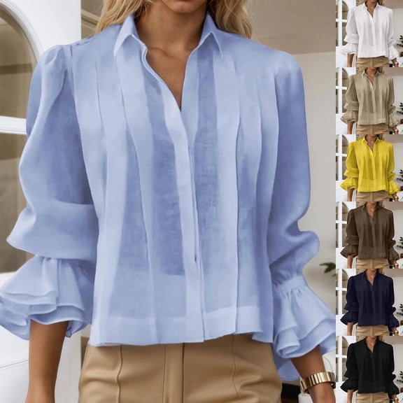 Women's Dressy Tops Spring Puff Long Sleeve Button Down Solid Color Fashion Shirts Work Business Blouses Lapel Collared