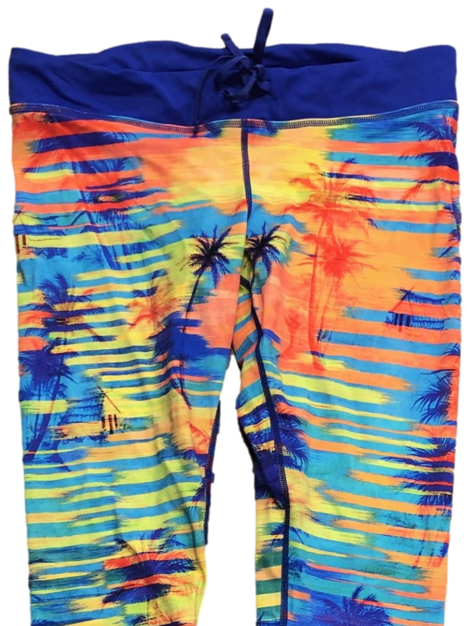 Reebok Womens Orange Stripe Palm Tree Print Swim Leggings Bottoms Pants Large
