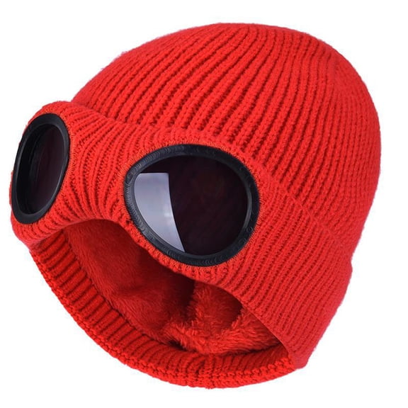 Wuphunn Thick Knitted Goggle Style Beanie, Flexible Elastic Construction, Warm Headwear Hats for Men and Hats for Women Urban Use Red One Size