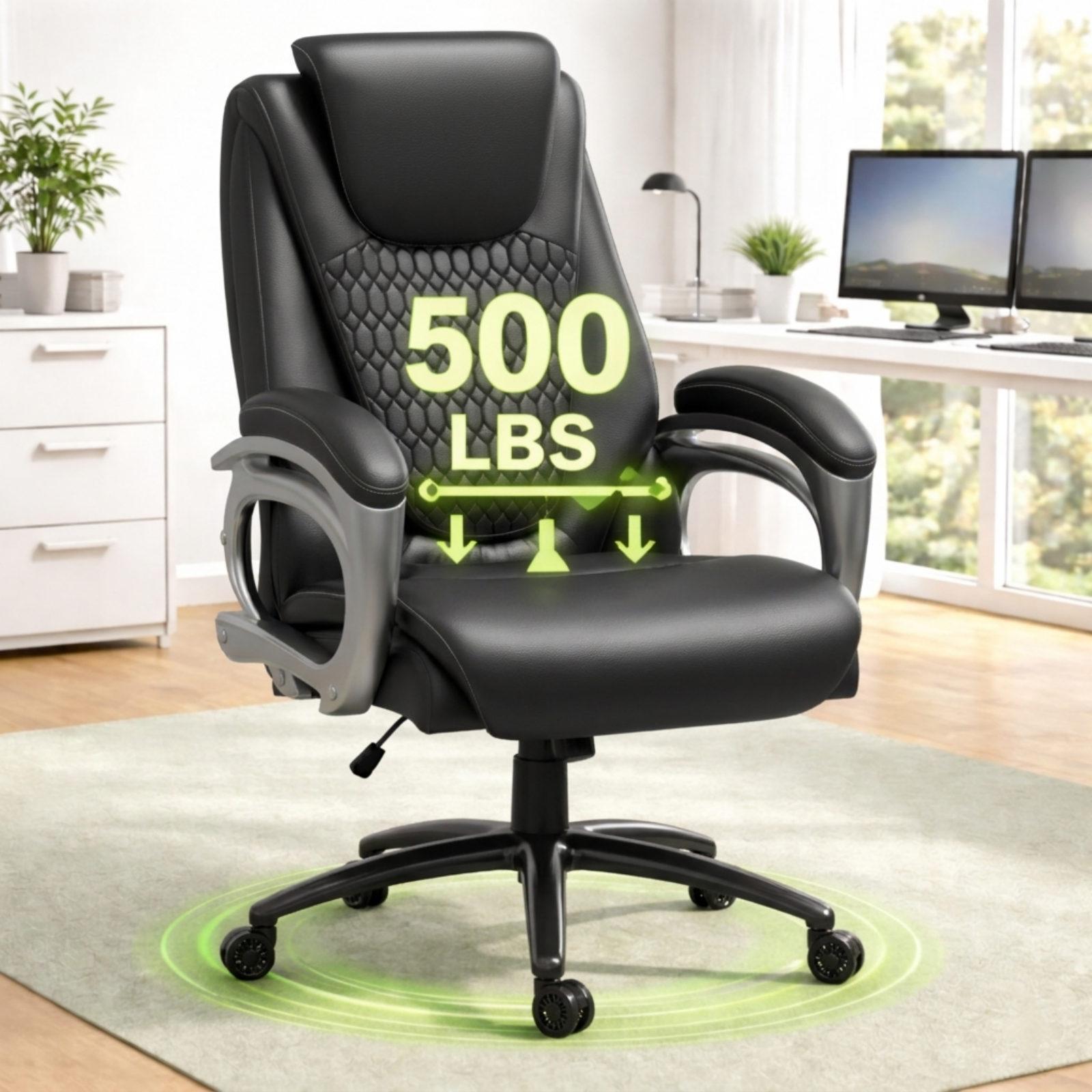 Big and Tall Office Chair 500LBS, Heavy Duty High Back Executive Ergonomic PU Leather Desk Chair, Adjustable Height 360° Swivel Rolling Wheels Computer Chair for Home Office Work