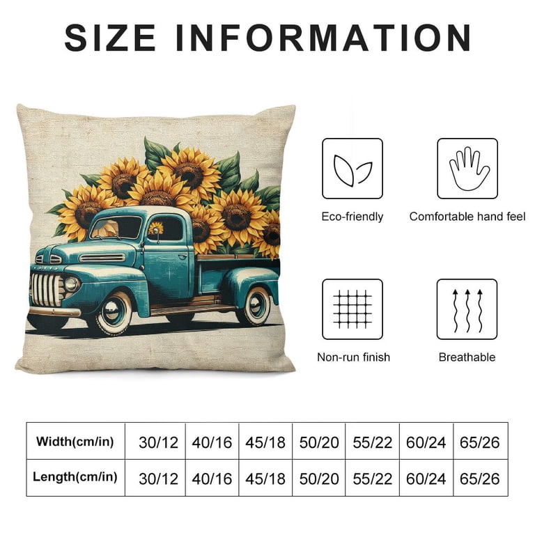 Watercolor Green Truck & Sunflowers Pillow Cover - Cotton Linen Decorative Throw (12x20 Inch)