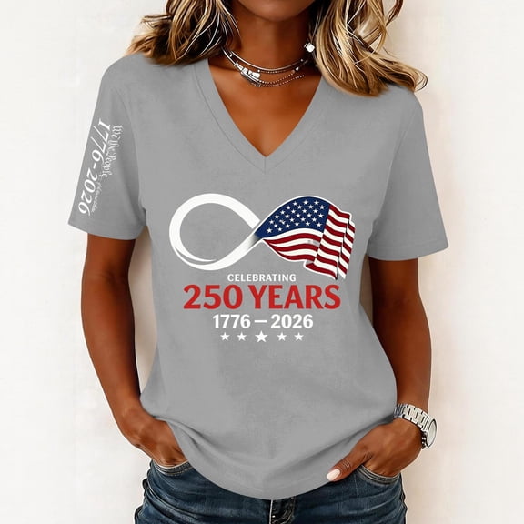 Iaqnaocc Usa 250th Anniversary Shirt Womens Shirts Short Sleeve 250 Anniversary USA Flag 4th Of July Outfits for Women Independence Day V Neck July 4th Celebration T-Shirts Gray XL