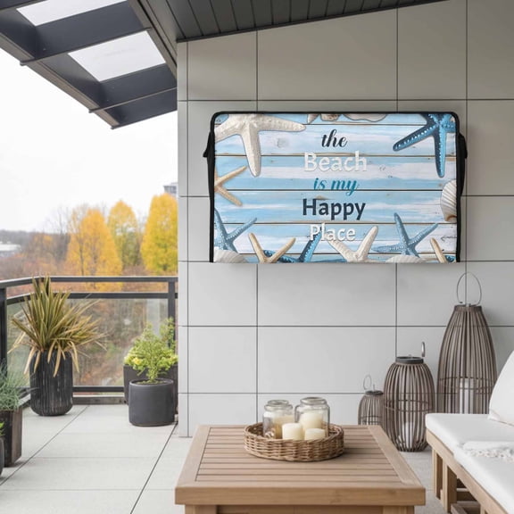 Outdoor TV Cover 58x37x4.5in, Ocean Starfish Ombre Wood Board Weatherproof TV Screen Protector with Zipper, Better Beach Life Quote Outside Television Cover Fits Up to 60-65"