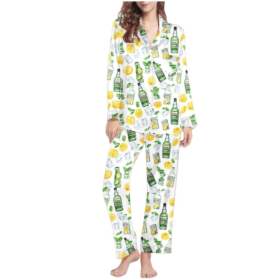 successthop Womens Cocktail Pajamas Long Sleeve Lapel Button Down Nightwear and Pj Pant Print Sleepwear with Pockets L