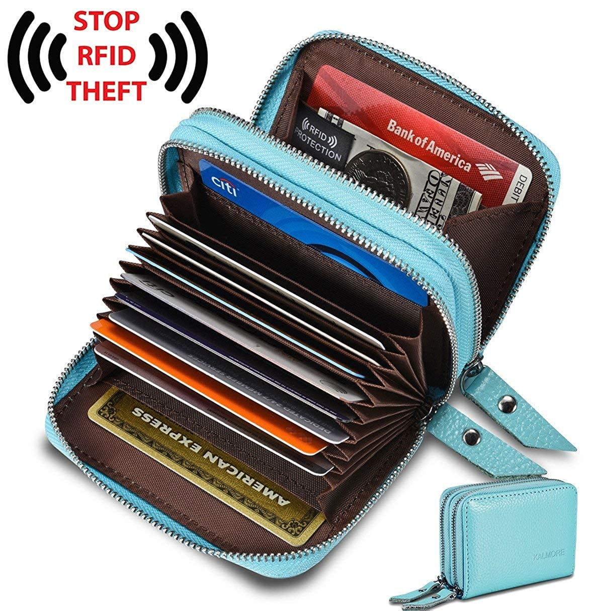 Long Genuine Leather Double Zipper Wallet Billfold RFID Blocking ID Card Holder 