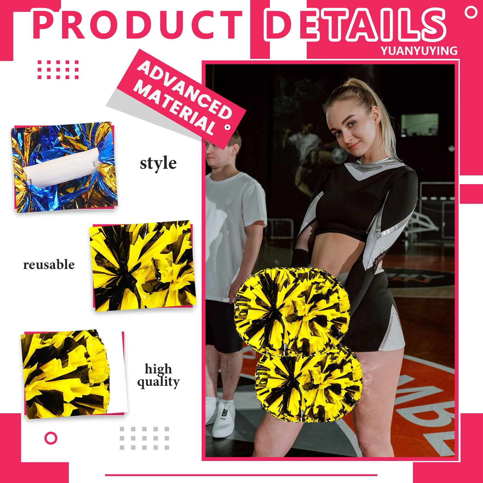 Cheer Pom Poms 12 Pcs with Handle, Cheerleading Handheld Squad Pompoms for Sports Team Cheer Spirit Games Dance Party Adults