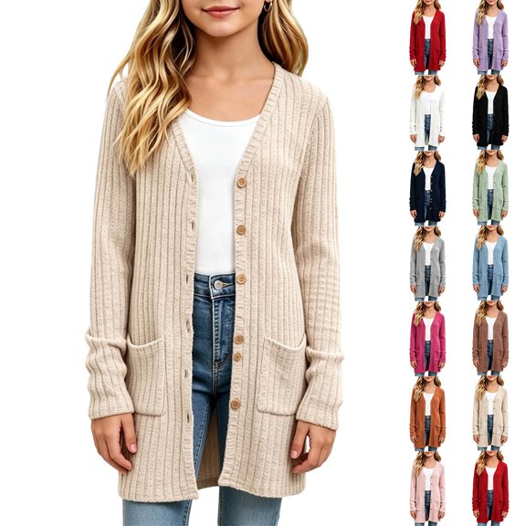 MKOSPLRT 5-16 Years Open Front Long Cardigan Girls Button V Neck Long Sleeve Ribbed Knit Jackets Lightweight Soft Outerwear with Pocket