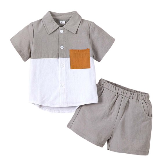 Hiijoy Toddler Boys Outfits Cotton Linen Color Block Shirt Shorts Set, Sizes 2-3T
