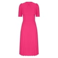 thumbnail image 3 of SYMOID Womens Casual Solid Color Round Neck Short Puff Sleeve Mid - Calf Pleated Dress,Hot Pink,Size 2XL, 3 of 5