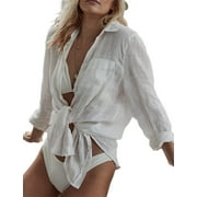 Bsubseach Long Sleeve Beach Shirt Blouses Women Turn Down Collar Bikini Bathing Suit Cover Ups Swimwear White