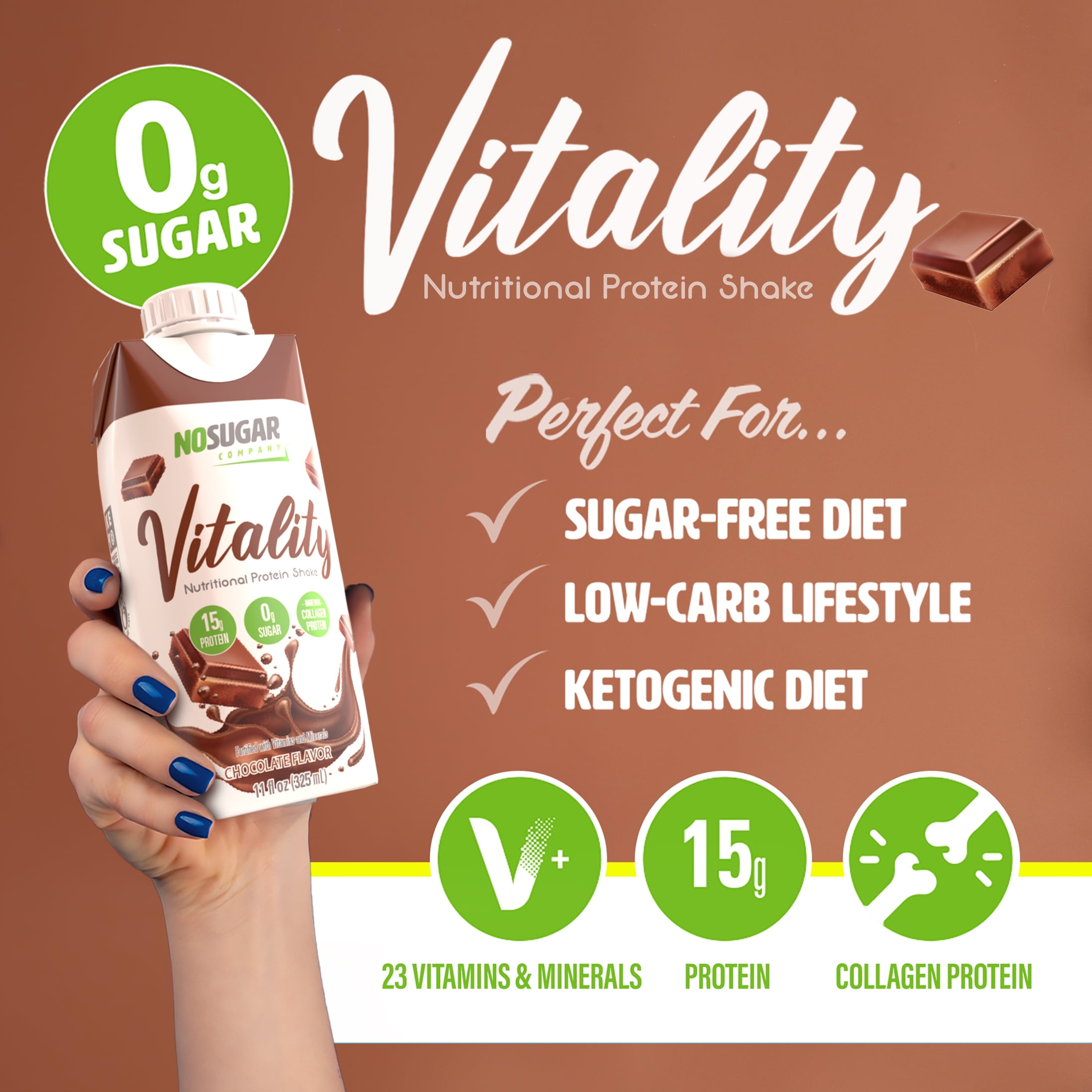 (2 pack) No Sugar Company Vitality Ready to Drink Nutritional Shake, Chocolate Flavor, 4 Count, 11 fl oz