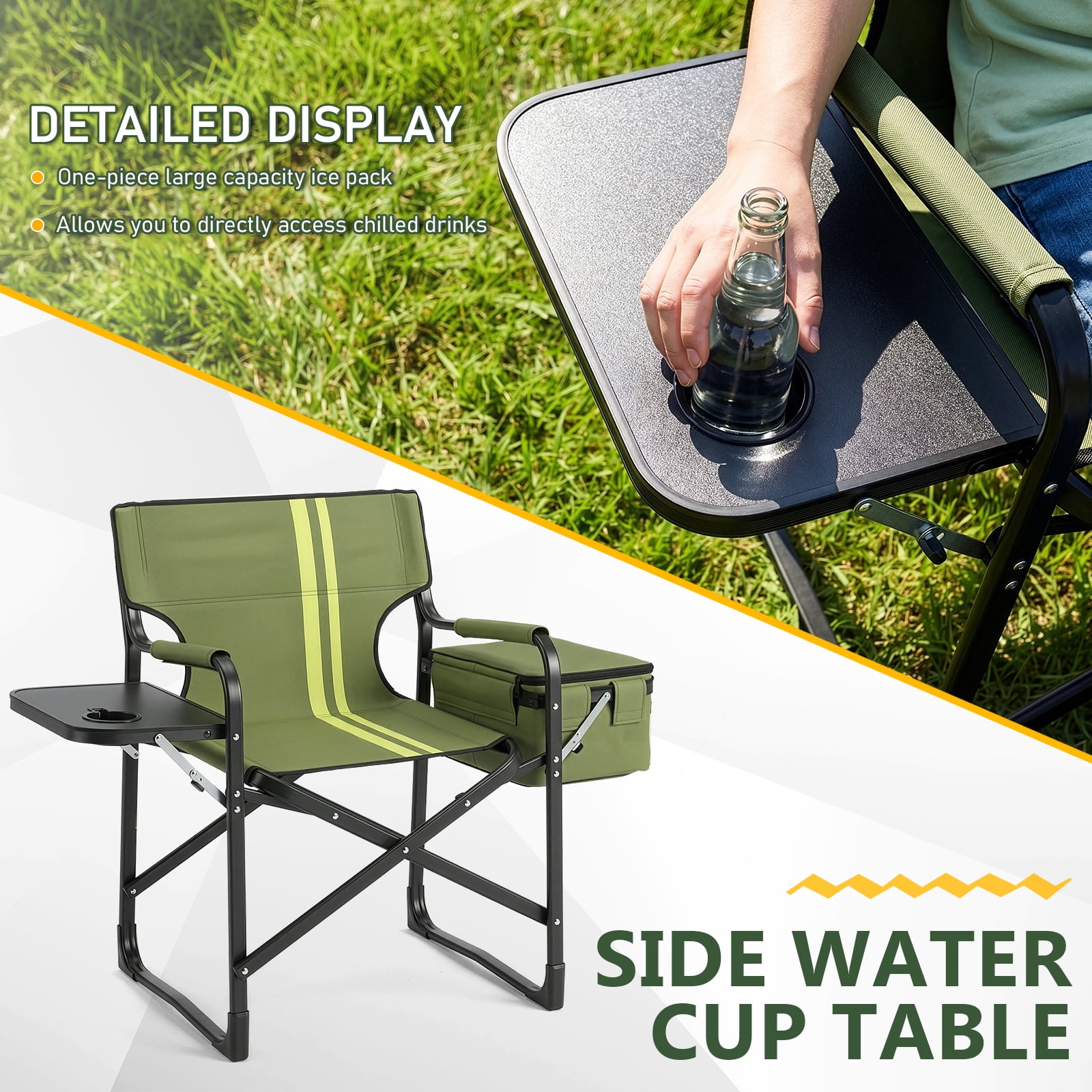 Folding Camping Chair with Side Table & Insulated Cooler Bag, Spray-Coated Aluminum Frame, 265 lbs Capacity Foldable Outdoor Chair for Camping Beach Fishing Picnic, 46.46" x 20.87" x 33.46"