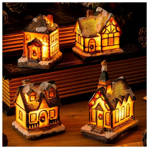 Christmas Village Houses with LED Light 4Pcs Resin Collectible Building DIY Christmas Doll Figurine for Christmas Holiday Party Dollhouse Decoration