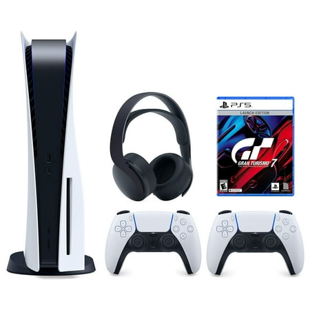 Sony Playstation 5 Disc (PS5 Disc) with Extra White Controller, Gran Turismo 7 Launch Edition and Black PULSE 3D Headset Bundle