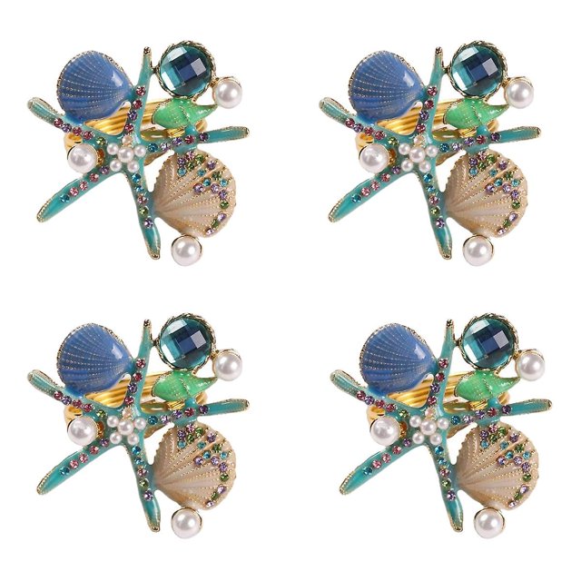 4 anillos de servilleta de estrella de mar, perlas de diamantes de imitación en la costa del océano, azul Afortunado Sencillez