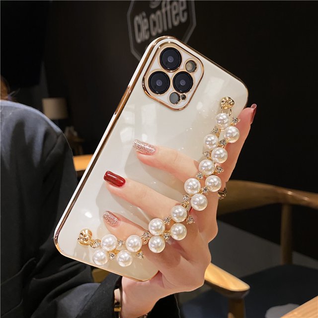 Funda de silicona chapada de lujo para iPhone, carcasa suave con cadena de pulsera de perlas para iPhone 13, 14, 12 Pro Max, 11, XS, X, XR, 7, 8 Plus, mini SE 2 Fivean unisex