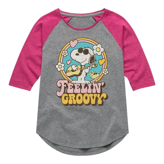 Peanuts - Feelin Groovy Snoopy And Woodstock - Toddler And Youth Girls Raglan Graphic T-Shirt