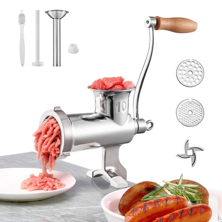 KFFKFF Manual Meat Grinder, 304 Stainless Steel Hand-Cranked Grinder with Table Clamp, Meat Mincer and Sausage Maker Featuring Cutting Blade, Plates, and Sausage Tube for Various Ingredients