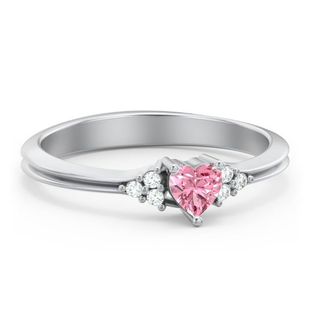 Birthstone Heart Ring with Shoulder Accents - Pink Tourmaline (October)