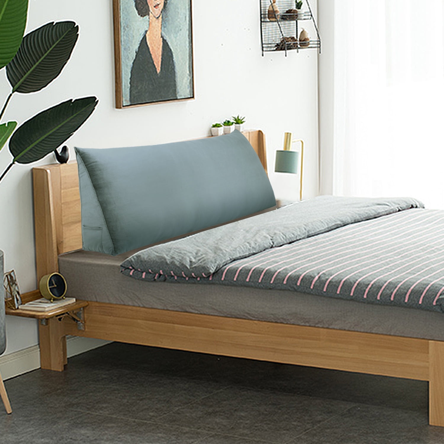 WOWMAX Large Reading Bed Wedge Pillow , Triangular Upholstered Headboard, Backrest Back Support for Sitting Up in Bed With Removable Velvet Grey Cover, Queen