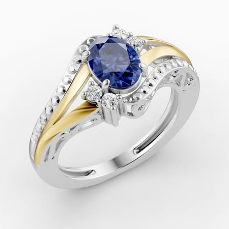 OMRE 925 Silver and 10K Yellow Gold Genuine Blue Sapphire Birthstone Ring For Women