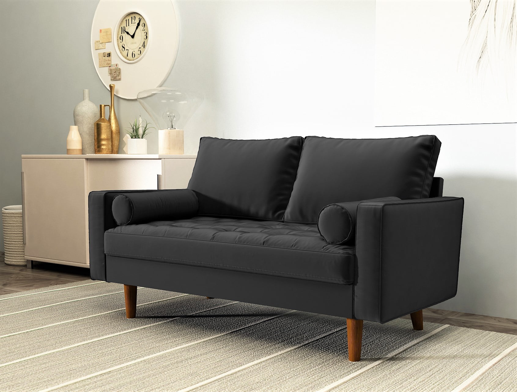 US Pride Furniture Mac Velvet 2 Seater Living Room Loveseat, Black