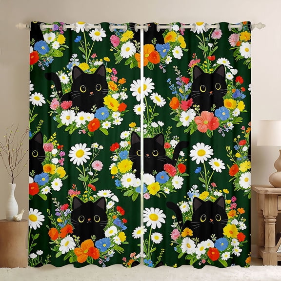 jejeloiu Colorful Wildflower Garden Black Out Curtains Kids,Watercolor Floral Black Cat Curtains Pack of 2 (42x63 Each) For Girls