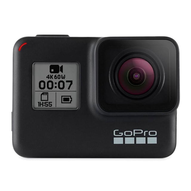 cámara deportiva gopro hero 7 black vista frontal centrada con lente gran angular a la derecha y pantalla LCD monocroma a la izquierda que muestra 4K y temporizador; cuerpo negro resistente con botón superior y logotipo GoPro en la esquina inferior derecha, adecuada para grabación de video deportivo, transmisión en vivo y uso en actividades acuáticas hasta 10 m.