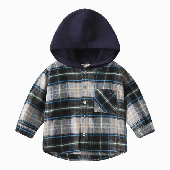 KPOPLK Toddler Baby Boy Hoodies Clothes Plaid Long Sleeve Button Down Jacket Top Shirt Kids Fall Winter Outfits 12 Months-7T Navy Size 6-7