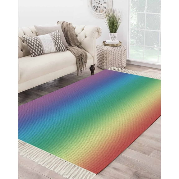Rainbow Colored,Large Area Rug 4x6ft Woven Runner Rug,Abstract Ombre Red Green Blue Purple Art Washable Living Room Bedroom Kitchen Bathroom Classroom Carpet with Tassels,Indoor Outdoor Door Mat