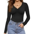 thumbnail image 2 of idosla Deep V Neck Long Sleeve Shirts for Women Sexy Slim Fitted T Shirt Tops (Black, S), 2 of 8