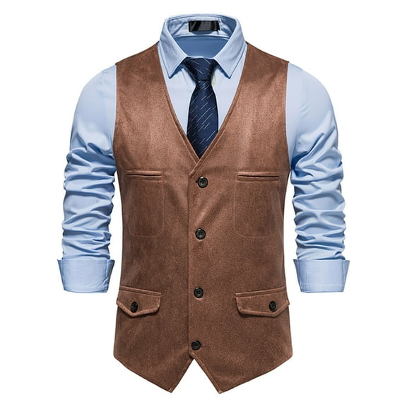 Chbgutlmr Suede Cowboy Vests for Men Button down V Neck Waistcoat with Pockets Casual Spring Formal Wedding Vests