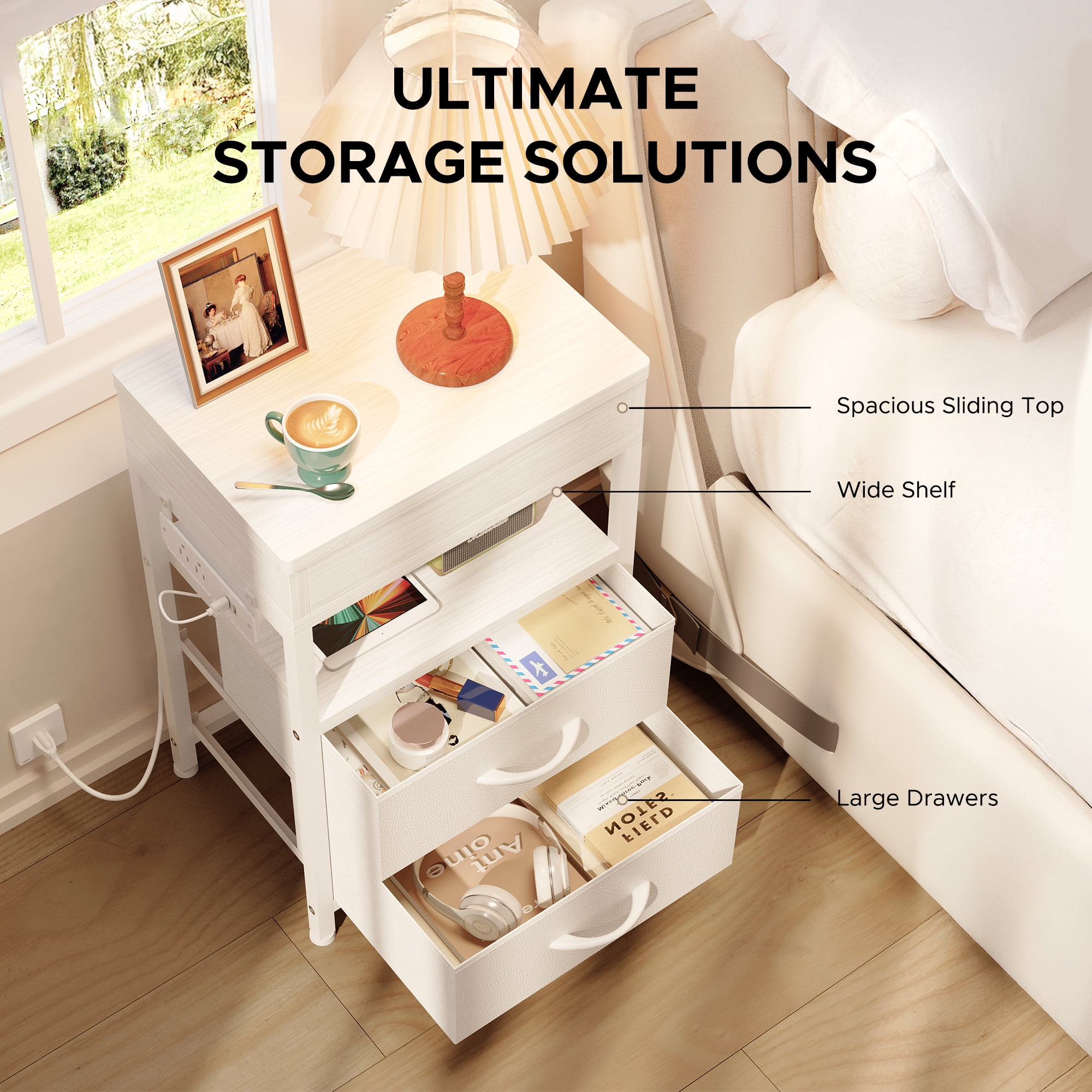 Bestco Nightstand with Sliding Top Modern End Table with Charging Station & 2 Drawers White